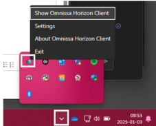 Bilden visar hur du hittar Omnissa Horizon Client i datorns aktivitetsfält.