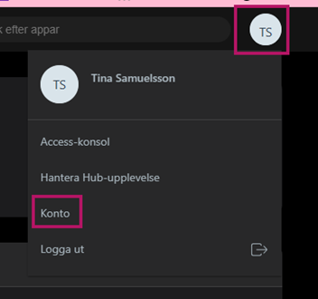 Bilden visar var du ska klicka på din ikon uppe till höger. Ikonen innehåller dina initialer.